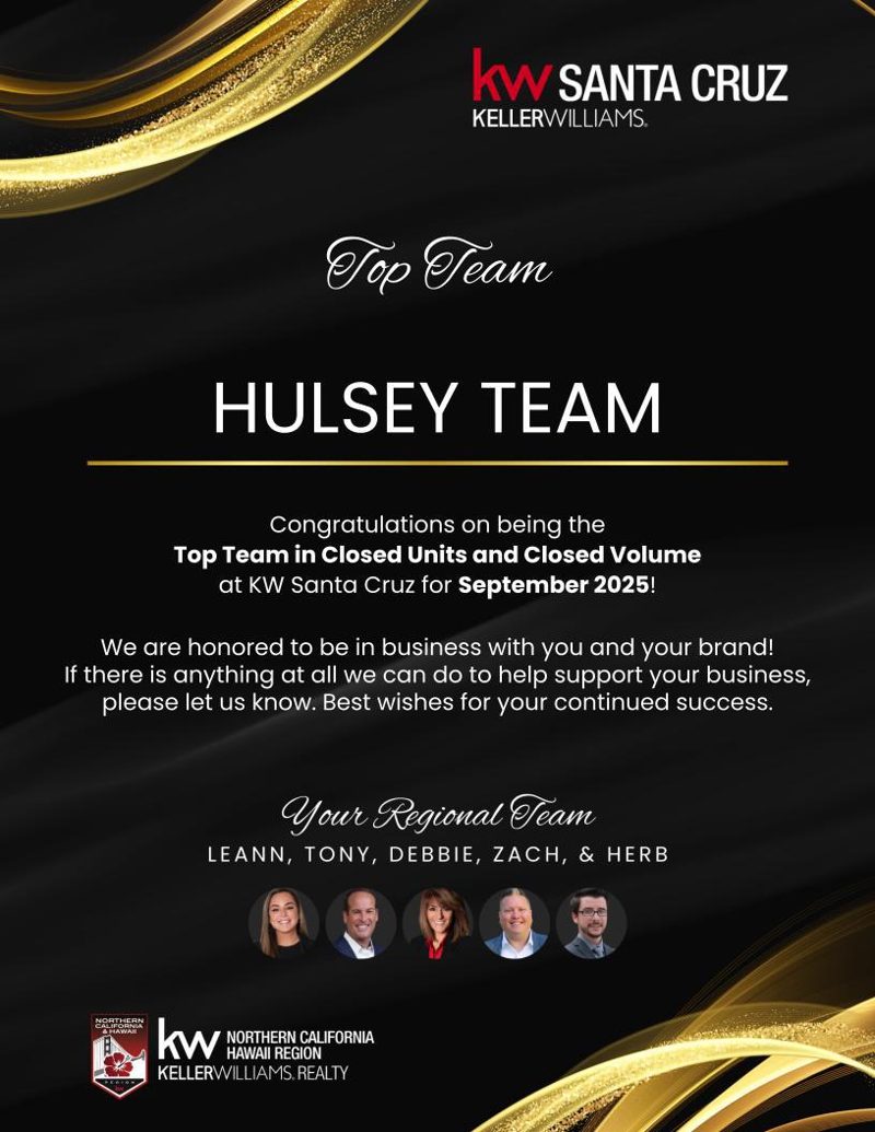 KW Santa Cruz Top Team recognition, Hulsey Team, September 2025